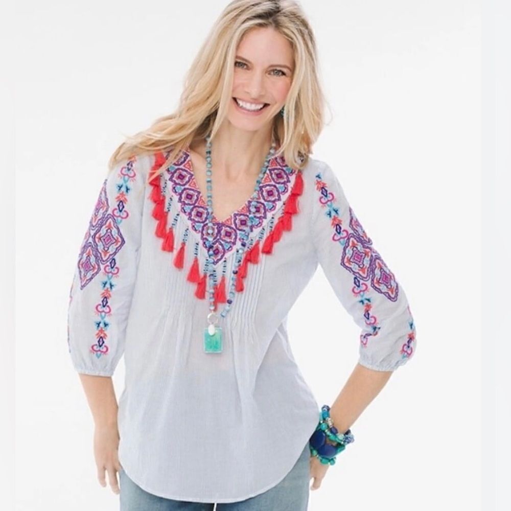 Chicos embroidered with tassels v neck top Sz 0 ( S)